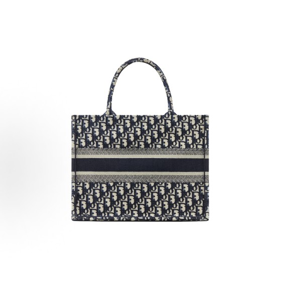 DIOR迪奥 BookTote ⽼花满印⼤容量 刺绣 物袋⼿提包 中号 ⼥款 ⽜仔蓝色